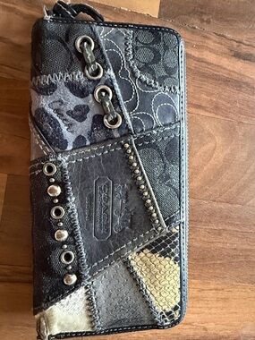 Coach Patchwork Zip-Around Wallet in Black, Gray & Gold Accent